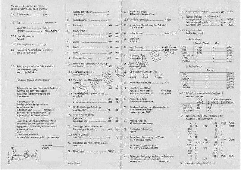 Certificat de Conformité Gratuit Opel