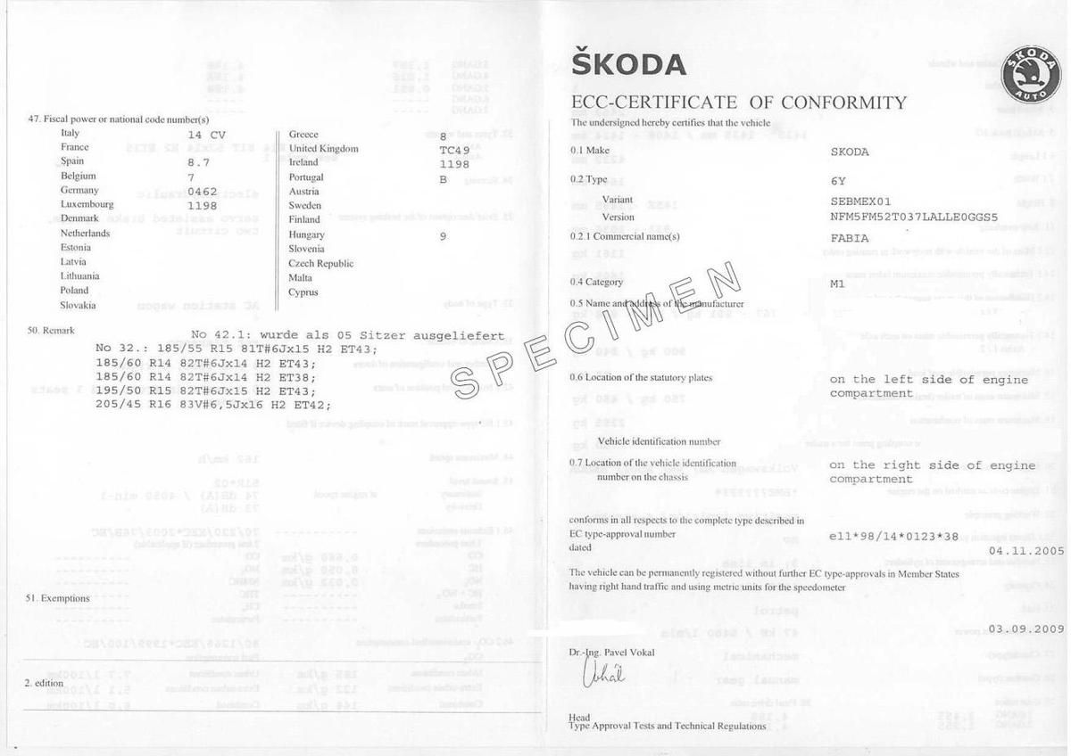 Certificat de Conformité Gratuit Skoda