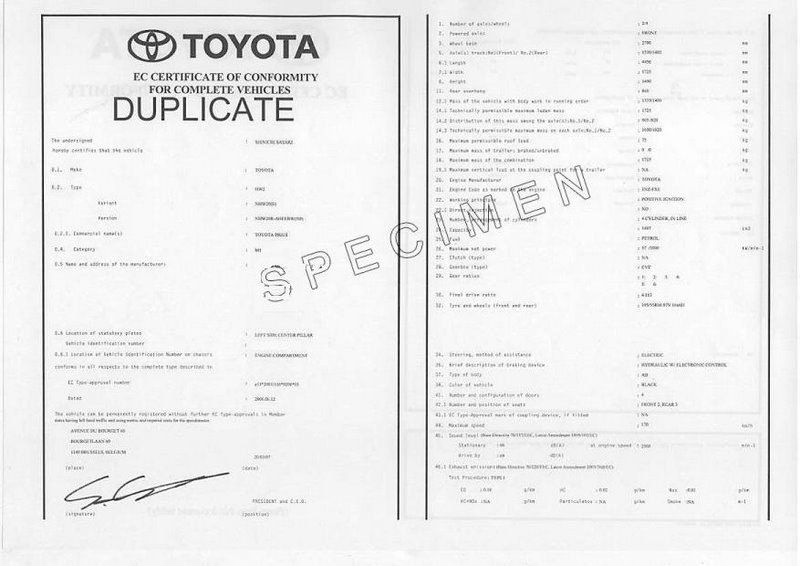 Certificat de conformité Toyota