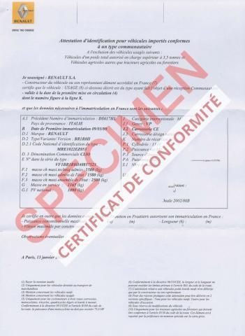 Certificat de Conformité Renault à commander en ligne gratuitement