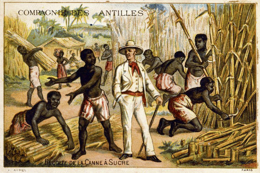 Carte postale de la compagnie des Antilles mettant en scène des esclaves