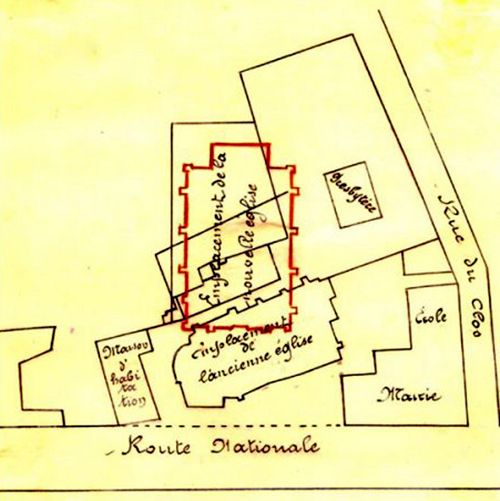 Plan de l'ancienne église Saint-Blaise et en rouge l'emplacement de la future église Notre-Dame