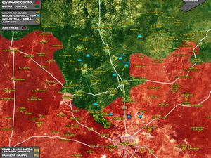 Situation militaire au nord de Hama le 23/03 et 02/05/2017. En rouge : les forces gouvernementales ; en vert : les rebelles (cliquez pour agrandir).