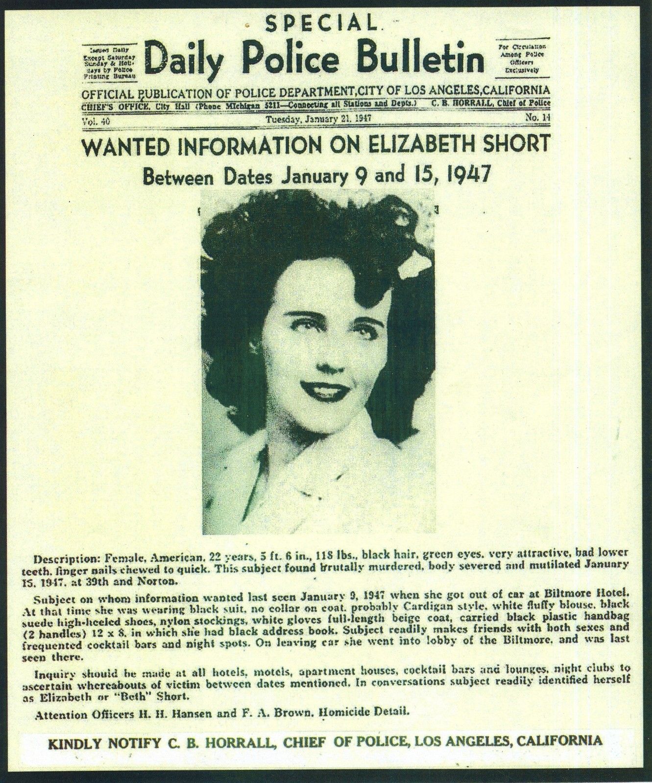 Bulletin d'avie de recherche du département de la police à Los Angeles, Californie