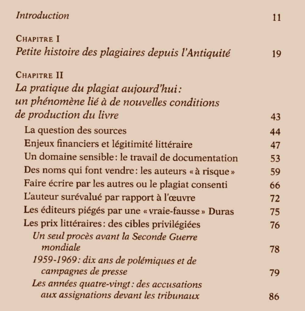table des matière 01 de l'essai Du plagiat d'Hélène Maurel-Indart