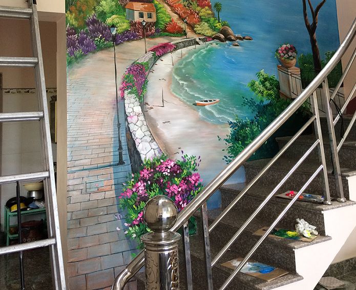 Vẽ tranh tường cầu thang 3d đẹp cho trường mầm non - vetranhtuongna