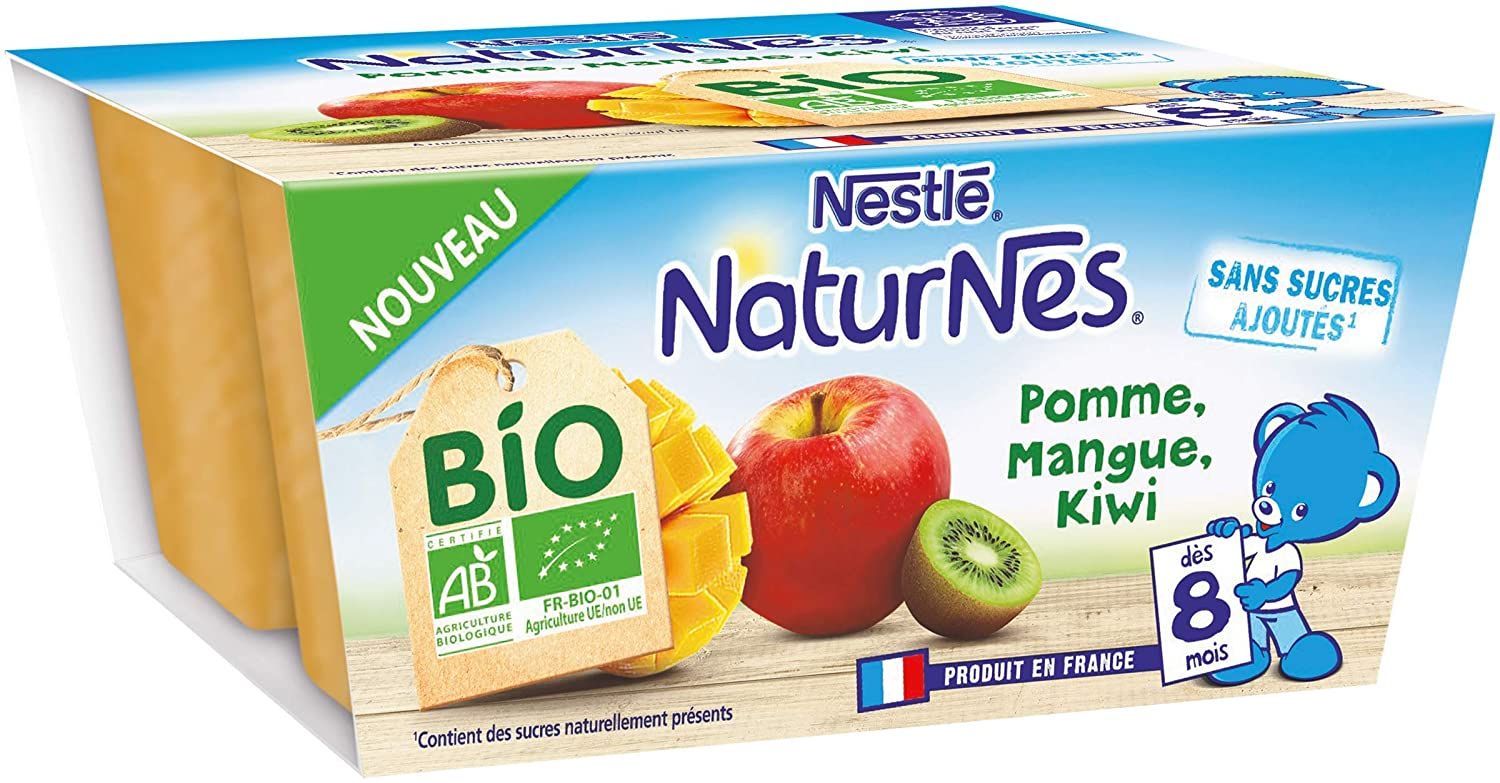 Nestlé Naturnes Bio Compotes bébé Pomme, Mangue, Kiwi Dès 8 mois 4x90g