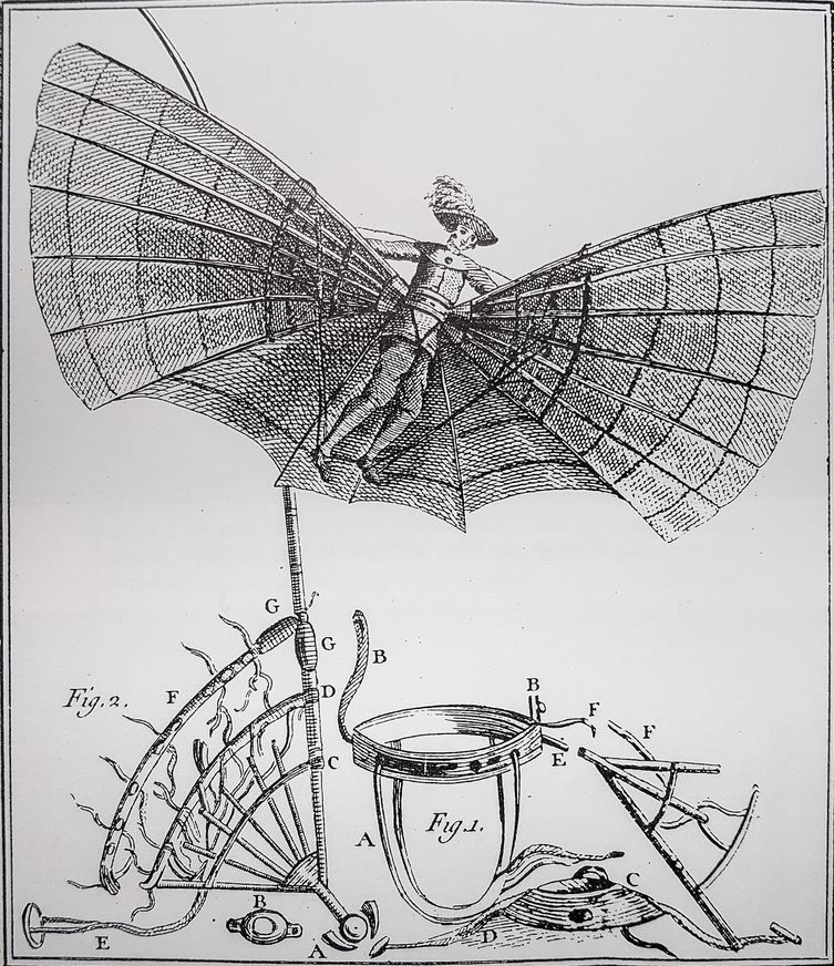 Dessin de Guillaume Resnier représentant ses ailes artificielles. Illustration de son livre La République Universelle