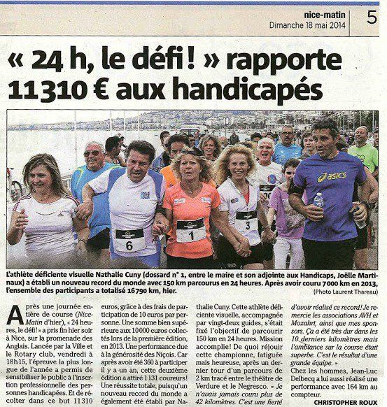 « 24 h, le défi ! » 2014 (Nice) - Nathalie Cuny, 150 km courus en 24 h !