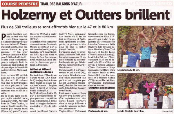 . . . Ultra Trail des Balcons d’Azur 2015 (UTBA – 80 km) - Victoire de Benoit Outters . . . TBA 2015 (47 km): Victoire par Equipe, Turquoise Océane 2ème Femme, Bruno 1er V2M