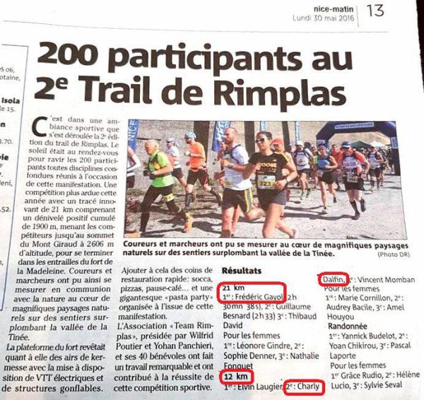 Trail de Rimplas 2016 - Victoire de Fred Gayol sur 21 km, Charly Dalfin 2ème sur 12 km Podiums pour Jean-Vincent Bihannic, Isabelle Belia et Catherine Montoya