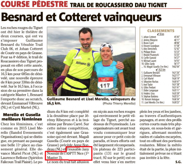 Trail de Roucassiero dau Tignet 2016 – Jany et Clary Nosmas "aux premières loges" !