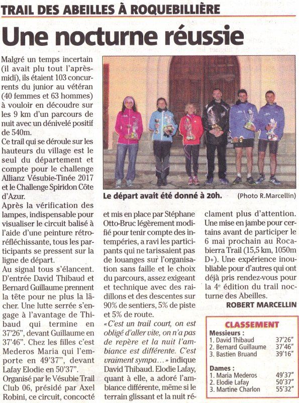 Trail Nocturne des Abeilles 2017 (Roquebillière)