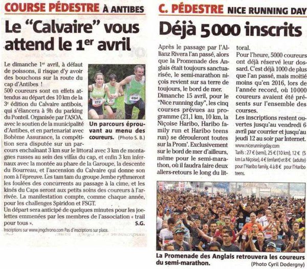 Courses à venir et nice-matin - Calvaire d'Antibes (1/04), Semi et 10 km de Nice (15/04)