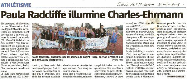 nice-matin et la soirée 1000 m ASPTT Nice Côte d'Azur avec Paula Radcliffe