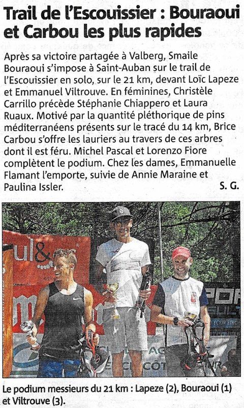 Trail de l'Escouissier 2018 (Saint-Auban, 06) - Baptiste Bonhomme 4ème sur 14 km Isabelle Belia 2ème Master 2 sur 21 km