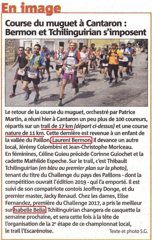 Course et Trail du Muguet (Cantaron, 06) - Victoire de Laurent Bermon sur 11 km Isabelle Belia 2ème femme sur 17 km