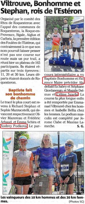 Les Foulées de l'Estéron (Roquesteron, 06) - Victoires de Baptiste et Florence sur 20 km Céline Sgarbi 3ème sur 20 km, Audrey 3ème sur 11 km